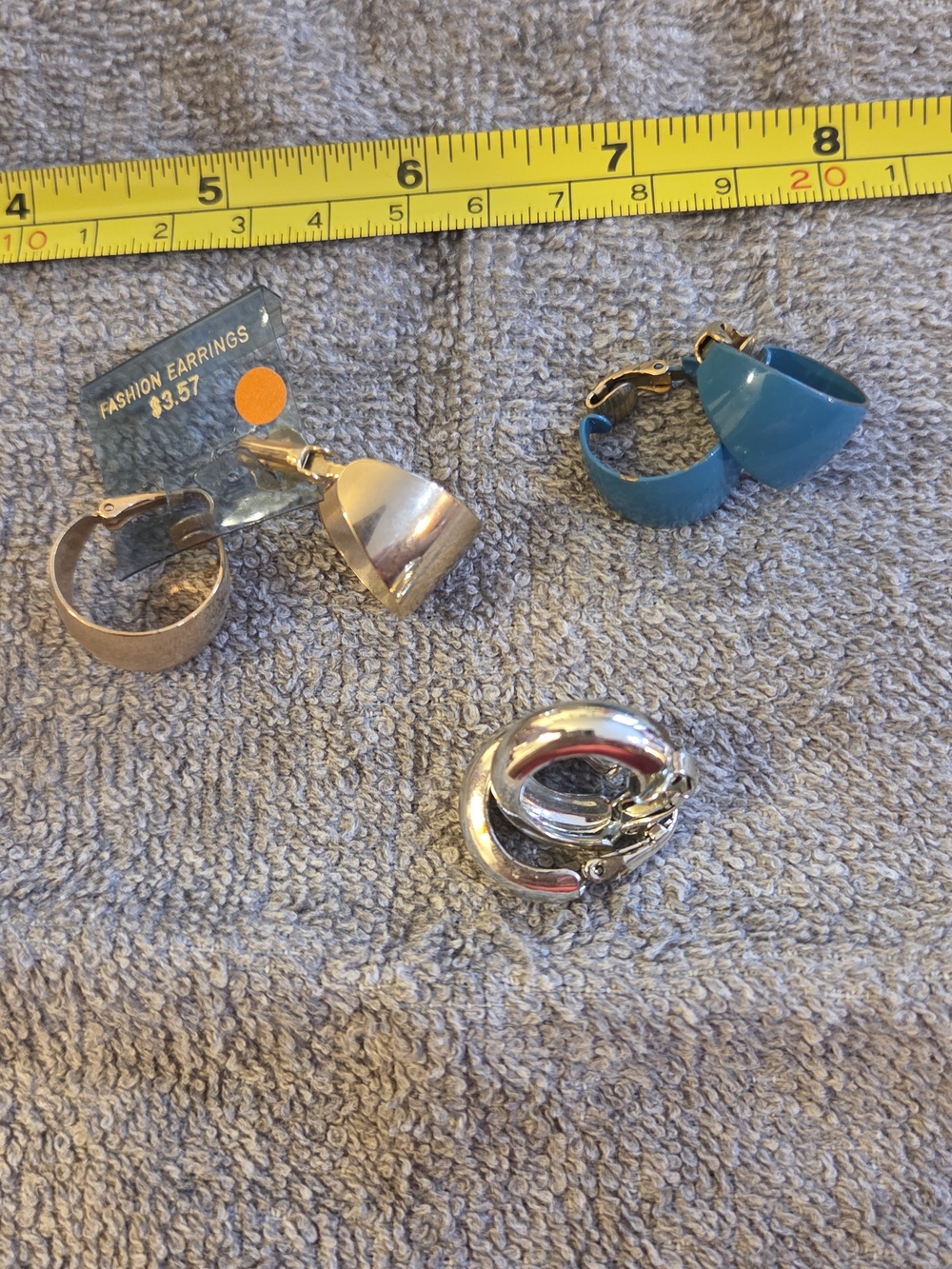 Vintage Lot 3 Pairs Clip On Earrings Blue Chunky Silver Tone Gold Tone Fashion